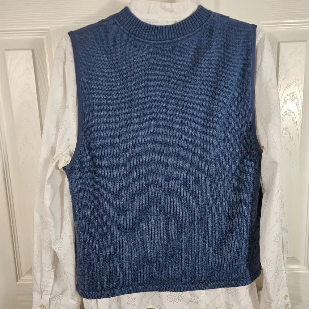 Cottagecore Blue Embroidered Patchwork Vest 10 Full Zip Grandpa Coastal Grandma
